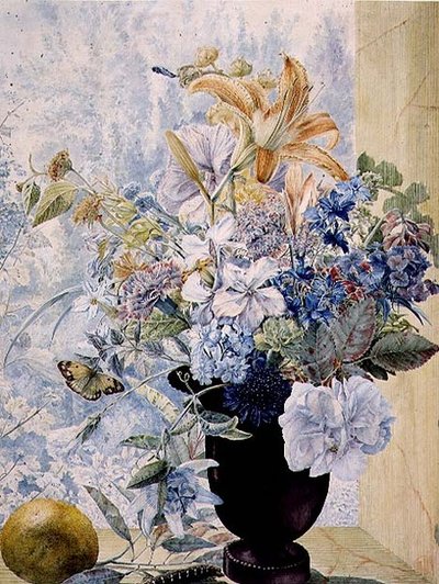 PD.849-1973 Vase med blandede blomster i et vindu (gouache og akvarell) av Jan van Os