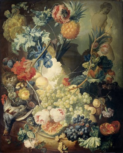 Stilleben med blomster, frukt og fugler av Jan van Os