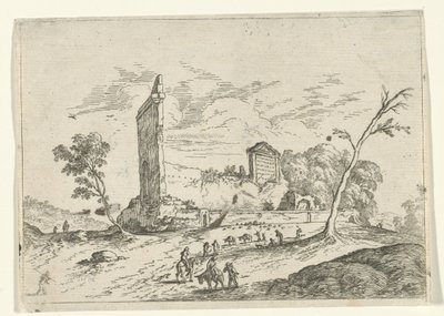 Landskap med romerske ruiner og eselgjetere av Jan van Ossenbeeck (attributed to)