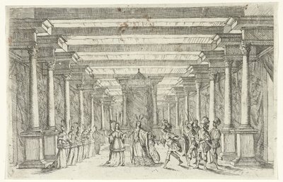En kriger hilser på en prinsesse Design for scenesett (serietittel) av Jan van Ossenbeeck