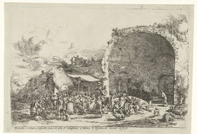 Festligheter ved ruinene av grotten til nymfen Egeria Prospetto e veduto a Cafarelle fuoro di porte S. Sebastiano, a Roma (tittel på objekt) av Jan van Ossenbeeck