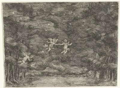 Scenedekor med engler på nattehimmelen av Jan van Ossenbeeck