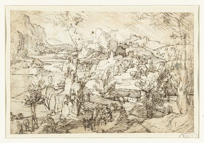 Landskap med steiner, figurer og et seilskute av Jan van Scorel (attributed to)