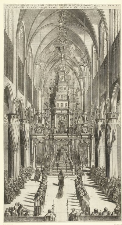 Lijkdienst voor Filips IV te Brussel, 1665 Det brennende kapellet og begravelsesfølget til Philippe IIIe roy des Espaignes laget i kirken Ste. Gudule i rekkefølgen s. overskytende. markisen av Castel Rodrigo 4. og 5. november 1665 (tittel på objekt) av Jan van Troyen