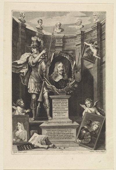 Portrett av erkehertug Leopold William av Østerrike som kunstsamler Theatrum Pictorium (serietittel) Tittelside for: David Teniers, Theatrum Pictorium, 1658 av Jan van Troyen
