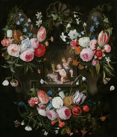 Et kartusj-stilleben av blomster rundt et allegorisk bilde av Putti med kostbare gjenstander og en maske, 1648 av Jan van and Balen, Hendrik van Kessel
