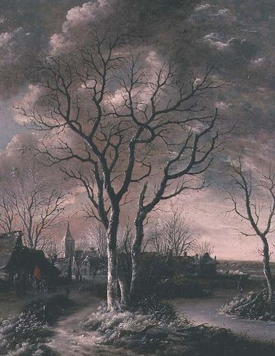 Et frossent elvelandskap med reisende på en sti av Jan van de Capelle or Cappelle