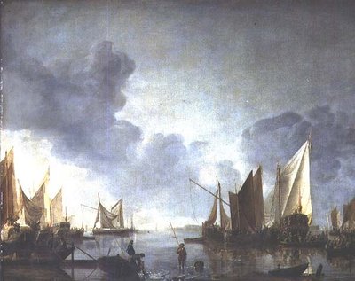 En rolig, med en dignitær innvarslet i en statslekter og fiskere i forgrunnen av Jan van de Capelle or Cappelle
