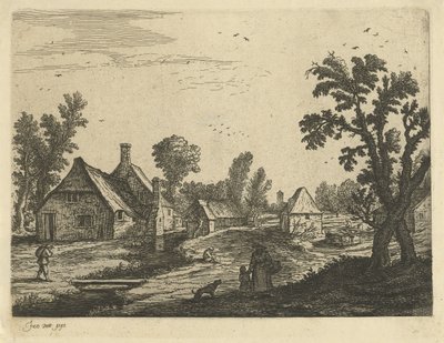 Landsbyutsikt med kvinne og barn i landsbygata av Jan van de Cappelle (attributed to)