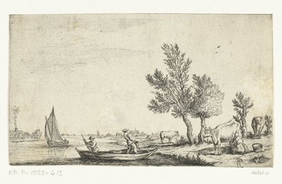 Elvelandskap med to menn i en robåt av Jan van de Cappelle (attributed to)