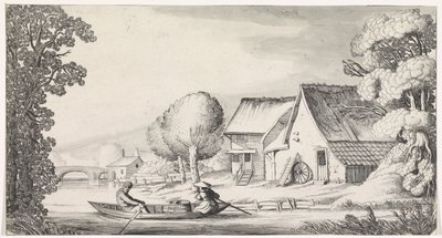 Bonde og bondekone i robåt Playsante-landskap og morsomme ansikter (serietittel) av Jan van de Velde (II)