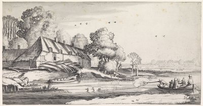 Andejakt på en elv nær en gård Playsante-landskap og morsomme ansikter (serietittel) av Jan van de Velde (II)
