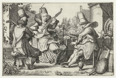Elegant selskap som lager musikk i en hage av Jan van de Velde (II)
