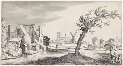 Familie i et hus med en by i bakgrunnen Playsante-landskap og morsomme ansikter (serietittel) av Jan van de Velde (II)