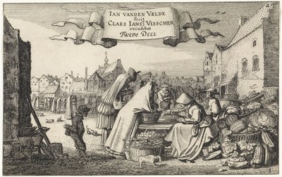 Figurer ved en grønnsaksbod på et marked Landskap (serietittel) Amenissimae aliquot requculae (serietittel) av Jan van de Velde (II)