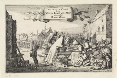 Figurer ved en grønnsaksbod på et marked Landskap (serietittel) Amenissimae aliquot requculae (serietittel) av Jan van de Velde (II)