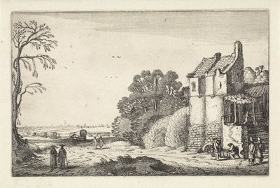 Figurer ved et hus og overbygde vogner på en landevei Landskap (serietittel) Amenissimae aliquot requculae (serietittel) av Jan van de Velde (II)