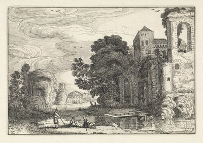 Figurer ved et slott ved en elv Landskap (serietittel) Amenissimae aliquot requculae (serietittel) av Jan van de Velde (II)