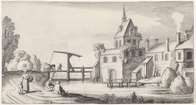 Figurer ved en vindebro for en landsby med kirketårn Playsante-landskap og underholdende severdigheter (serietittel) av Jan van de Velde (II)