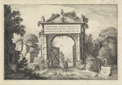 Figurer ved en port i et landskap Landskap (serietittel) Amenissimae aliquot requculae (serietittel på objekt) av Jan van de Velde (II)