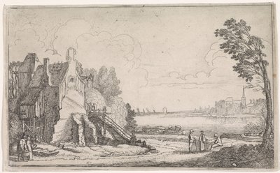 Figurer ved et falleferdig hus ved en elv Elvelandskap (serietittel) av Jan van de Velde (II)