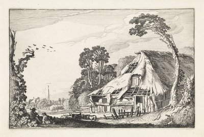 Figurer ved en falleferdig låve Landskap (serietittel) Amenissimae aliquot requculae (serietittel) av Jan van de Velde (II)