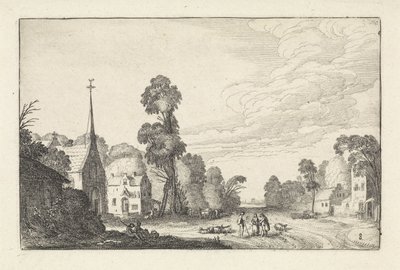 Figurer og storfe i en landsby med kirkelandskap (serietittel) Amenissimae aliquot requculae (serietittel) av Jan van de Velde (II)