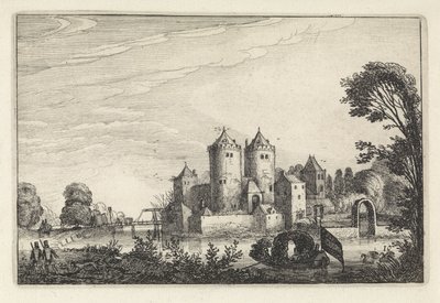 Figurer i en lystbåt på et slott Landskap (serietittel) Amenissimae aliquot requculae (serietittel) av Jan van de Velde (II)