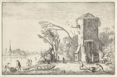 Figurer i et vinterlandskap med et tårn Landskap (serietittel) Amenissimae aliquot requculae (serietittel) av Jan van de Velde (II)