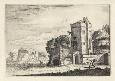 Figurer med en fuglekurv nær et tårn i et landskap Landskap (serietittel) Amenissimae aliquot requculae (serietittel) av Jan van de Velde (II)