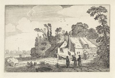 Figurer på en landevei ved en gård Landskap (serietittel) Amenissimae aliquot requculae (serietittel) av Jan van de Velde (II)