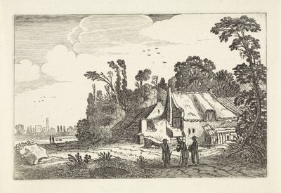 Figurer på en landevei ved en gård Landskap (serietittel) Amenissimae aliquot requculae (serietittel) av Jan van de Velde (II)