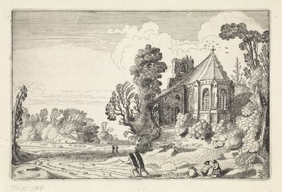 Figurer på en landevei nær en kirkeruin Landskap (serietittel) Amenissimae aliquot requculae (serietittel) av Jan van de Velde (II)