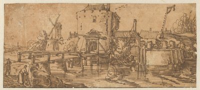 Utsikt over en by (Culemborg?) med en bro foran en port av Jan van de Velde (II)