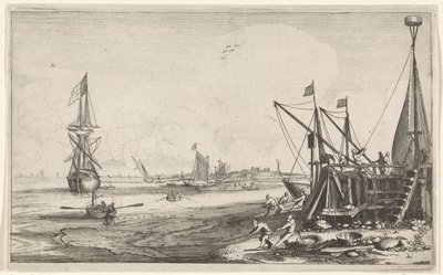 Havnehode med fiskere som drar inn garnene sine Seascapes (serietittel) av Jan van de Velde (II)