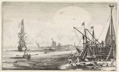 Havnehode med fiskere som drar inn garnene sine Seascapes (serietittel) av Jan van de Velde (II)