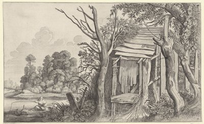 Fisker ved en falleferdig hytte i et landskap Landskap etter Pieter de Molijn (serietittel) av Jan van de Velde (II)