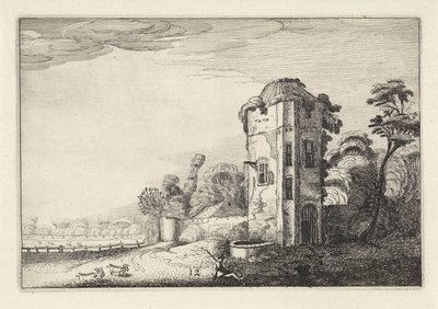Hyrde nær et tårn med en brønn Landskap (serietittel) Amenissimae aliquot requculae (serietittel) av Jan van de Velde (II)