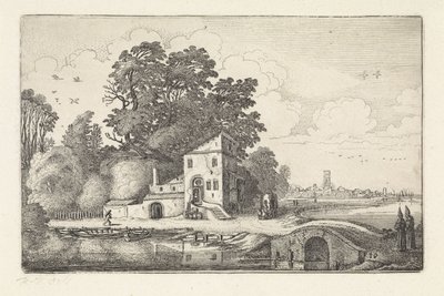Hus ved en steinbro i et elvelandskap Landskap (serietittel) Amenissimae aliquot requculae (serietittel) av Jan van de Velde (II)