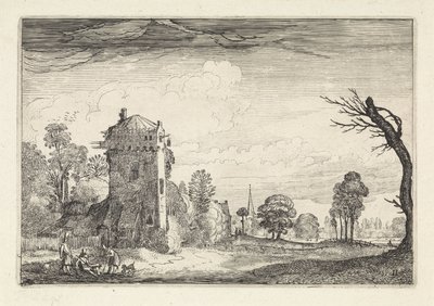 Jegere med hunder ved et tårn i et landskap Landskap (serietittel) Amenissimae aliquot requculae (serietittel) av Jan van de Velde (II)