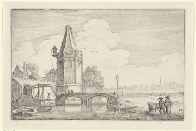 Landskap med et tårn og en bro over elven Niers Landskap (serietittel) Amenissimae aliquot requculae (serietittel) av Jan van de Velde (II)
