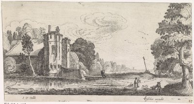 Landskap med figurer ved et befestet hus med to tårn av Jan van de Velde (II)