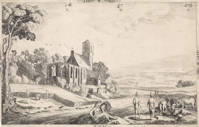 Landskap med kornhøst Aestas (tittel på objekt) av Jan van de Velde (II)