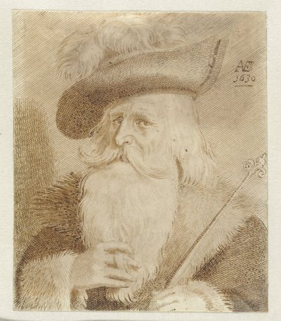 Mann med pelskrage, lue og stav av Jan van de Velde (II)