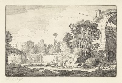 Man with a Dog at a Ruin Landscapes (serietittel) Amenissimae aliquot requculae (serietittel) av Jan van de Velde (II)
