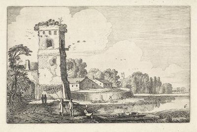 Pont med sauer nær et tårn i et elvelandskap Landskap (serietittel) Amenissimae aliquot requculae (serietittel) av Jan van de Velde (II)