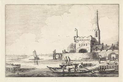 Pont med storfe ved et fort i et elvelandskap Landskap (serietittel) Amenissimae aliquot requculae (serietittel) av Jan van de Velde (II)