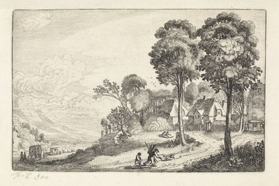 Reisende på en sti nær en landsby Landskap (serietittel) Amenissimae aliquot requculae (serietittel) av Jan van de Velde (II)