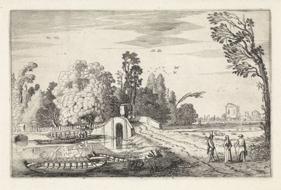 Elvelandskap med steinbro Landskap (serietittel) Amenissimae aliquot requculae (serietittel) av Jan van de Velde (II)