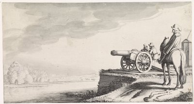 Rytter og to soldater ved en kanon på en elvebredd Playsante-landskap og morsomme ansikter (serietittel) av Jan van de Velde (II)